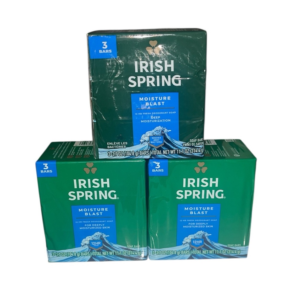 Lot Of Irish Spring Moisture Blast Deodorant Bar Soap for Men, 3.7 oz Bars 9 Ct